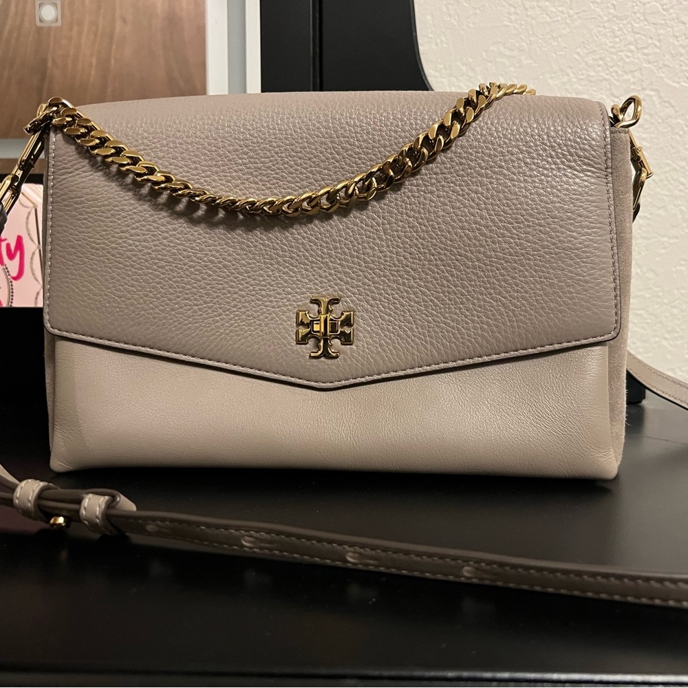 Tory Burch Two-Tone Taupe & Light Beige Leather Crossbody with Gold Chain